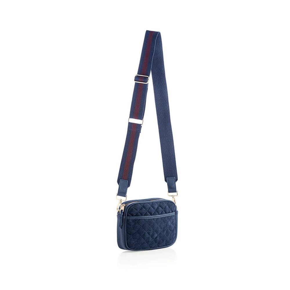 Sleek Vegan Suede Blue Camera Bag with Interchangeable Crossbody Strap